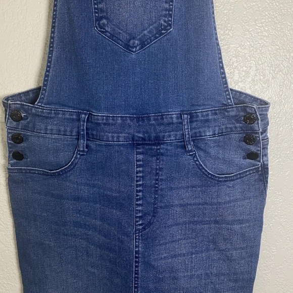 GUESS Women Denim Jean Bib Overalls Mini Dress Logo Straps Distressed Hem Size L - Picture 4 of 10